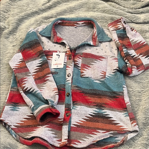 Lumister Jackets & Blazers - Teal & Red Southwestern Bomber Jacket